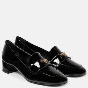 PRADA 35 Triangle Logo Patent Leather Pumps Heels Loafers Shoes Black